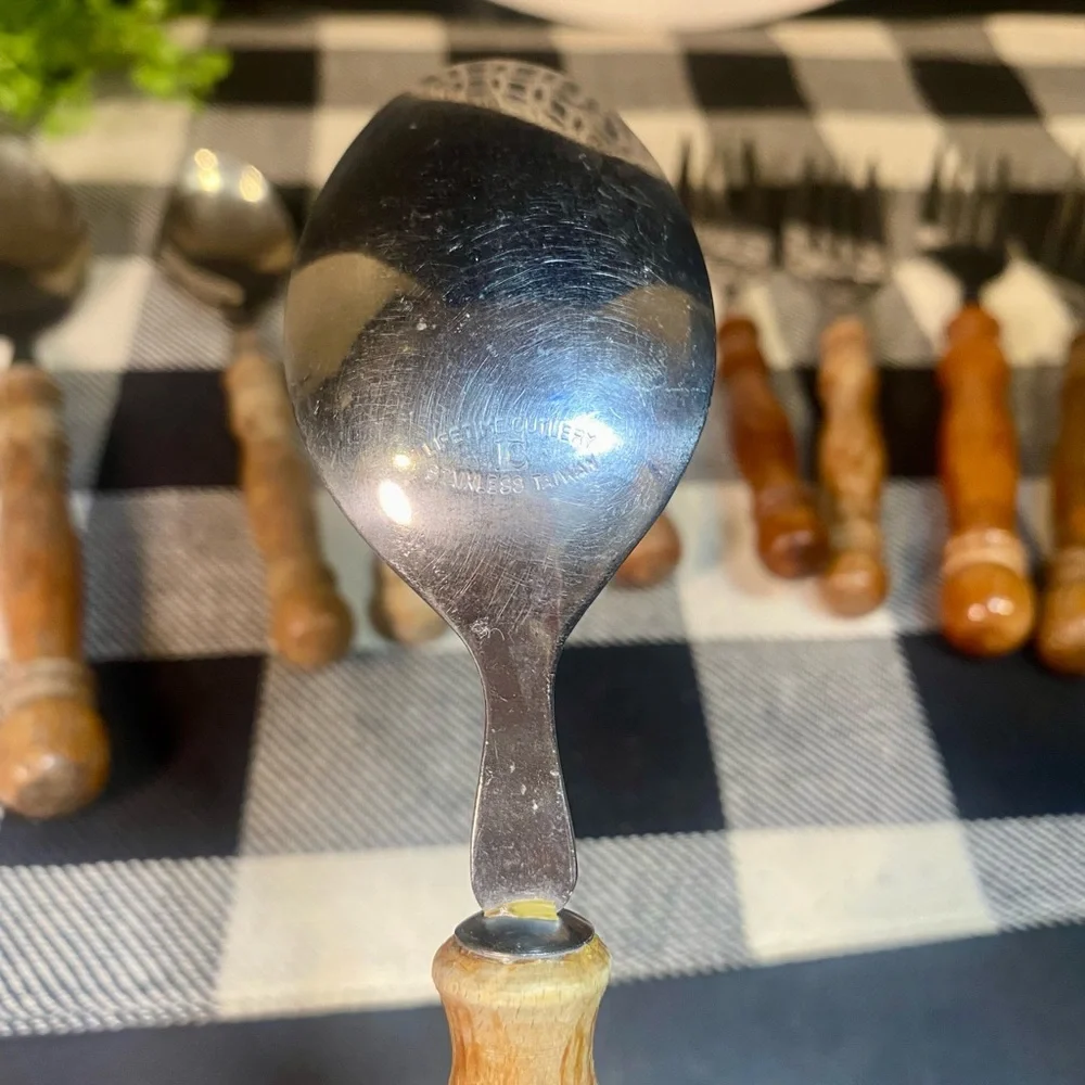 Vintage Lifetime Cutlery Stainless Silverware Wood Handle Fork‎ and Spoon Set